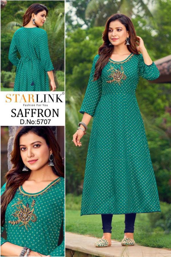 Starlink Saffron Rayon Fancy Ethnic Wear Foli Printed Kurti Collection